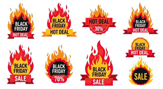 Black Friday Hot Deal and Sale Fire Labels Collection.