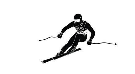 Winter Olympics Alpine skiing athlete in action, descending a snowy slope with speed and precision, captured in a dynamic pose during a winter sport competition