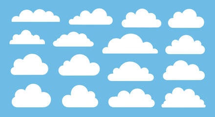 Collection of various white cloud shapes on a blue background.
