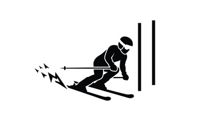 Winter Olympics Silhouette of a skier with poles and flags, executing a slalom turn on a snowy slope