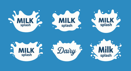 Set of six milk splash logos and dairy labels on a blue background.