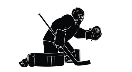 Winter Olympics Dynamic silhouette illustration of an ice hockey goalie in a ready defensive stance, holding a stick, showcasing intense focus and athletic skill in the game of hockey