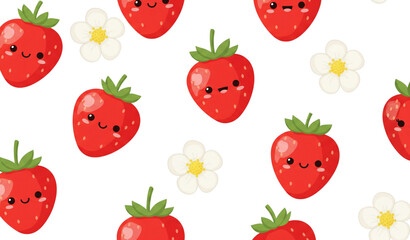 A cute vector illustration of smiling strawberries and flowers on a white background