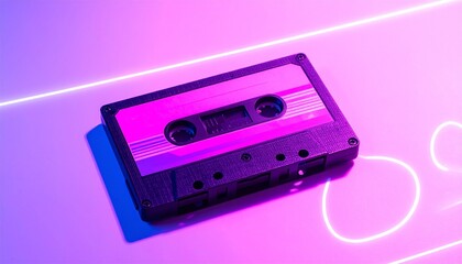 Fototapeta premium Nostalgic Cassette Tape Illuminated by Vibrant Neon Pink and Purple Light Trails
