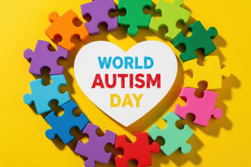World Autism Day text on white heart surrounded by colorful puzzle pieces on yellow background