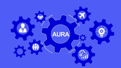 Interlocking Gears with Business Icons and the Word AURA on a Blue Background cogwheels teamwork