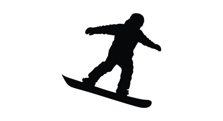 Winter Olympics Silhouette of a snowboarder mid-air during a jump with bent knees against a white background