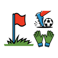 Soccer match elements, corner flag marker, striker boot, goalkeeper gloves, league fixture event promotion, referee briefing session artwork vector © kdpprosolutions2015