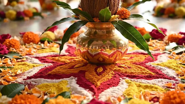 A vibrant, festive close-up captures a traditional golden kalash resting on an intricate rangoli for gudi padwa.