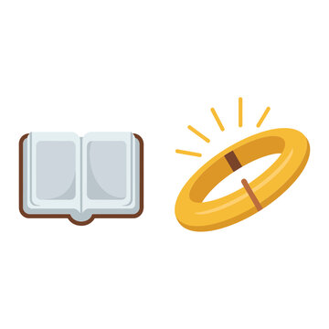 Bible study and marriage class icons, open scripture, radiant wedding ring, church education event flyer, faith formation session materials