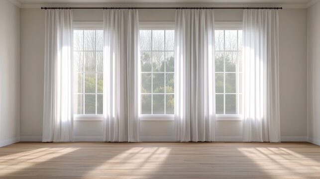 White curtain sheer curtain large window natural light bright room empty interior wooden floor home decor calm white curtain sheer curtain large