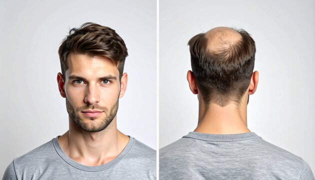 Man showing front and back views of his hair loss on a plain background
