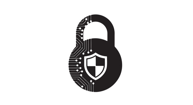 Padlock with shield icon in modern minimalist style with black and white color scheme on plain background for cybersecurity