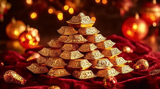 Golden treasure stacked like a festive tree on plush red velvet with warm bokeh background and festive holiday ornaments rich detail