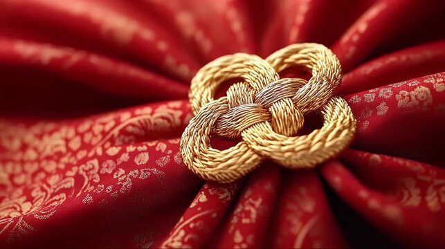 Elegant golden knot centerpiece on rich red fabric with floral pattern the textured detail and warm lighting create a luxurious aesthetic