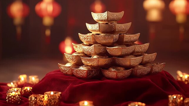 Golden ingots stacked high on a red velvet cloth surrounded by glowing candles and warm atmospheric lighting festive and rich textures in a dim setting
