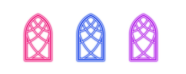 Neon glowing gothic arch window vector icons set, medieval, church, cathedral, architectural, stained, glowing, vibrant colorful digital design illustration on transparent background.