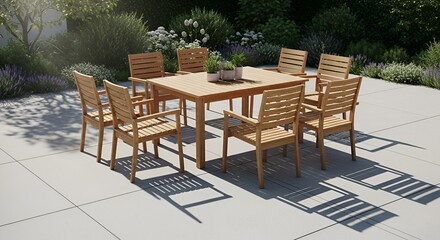Obraz premium A wooden patio table and chairs set on a large outdoor tile surface surrounded by lush greenery and vibrant plants.