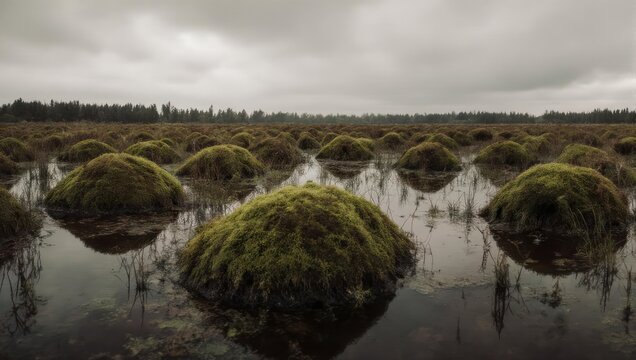 Misty bog landscape, mossy hummocks in still water
