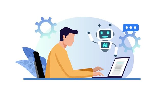 Man Working with Smart AI Assistant. Ai assistant concept. Full length animation illustration. High quality&nbsp;4k&nbsp;footage