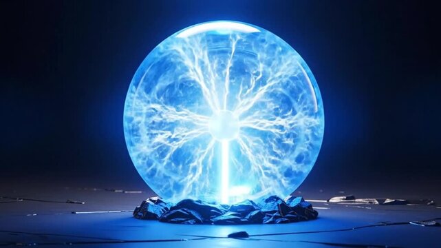 Glowing blue energy sphere with lightning effect, resting on a dark surface.