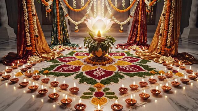 Warm golden light illuminates a vibrant rangoli and kalash arrangement, celebrating gudi padwa and ugadi indoors.