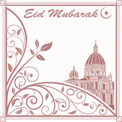 Eid Mubarak Greeting Card with Mosque and Floral Ornaments