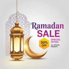 A golden lantern and crescent moon advertise a Ramadan sale