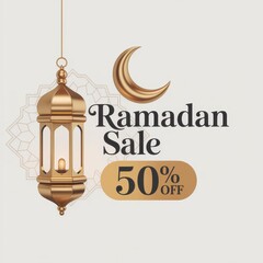 Obraz premium A Ramadan sale advertisement with a golden lantern and crescent moon