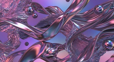 Abstract iridescent waves and spheres in a surreal composition.