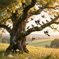 Tree with Birds Birds perched on branches adding life and moveme