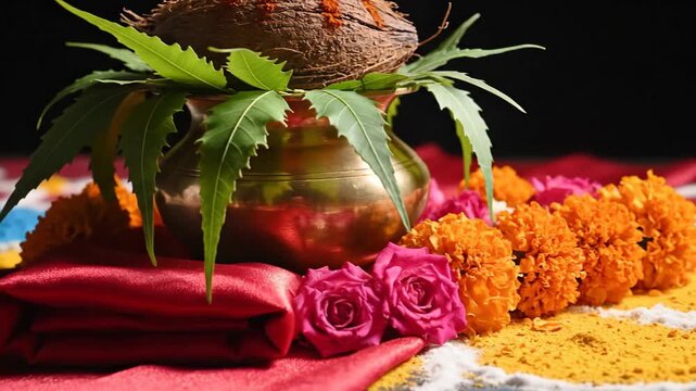 Vibrant close-up of a festive kalash decorated with flowers and neem leaves for gudi padwa on a colorful rangoli.