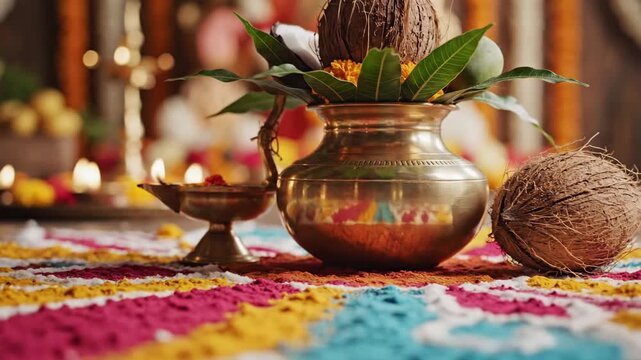 A vibrant close-up shot of a traditional brass kalash and lit diya celebrating gudi padwa on a colorful rangoli floor.
