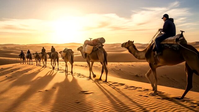 A caravan of camels with travelers crossing a vast desert at sunset, showcasing shadows and dunes