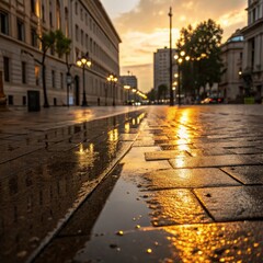 Golden Reflections Over a Rain Soaked Pavement &ndash; Urban reflect
