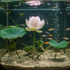Lotus in an Aquarium A lotus in a large aquarium with fish swimm