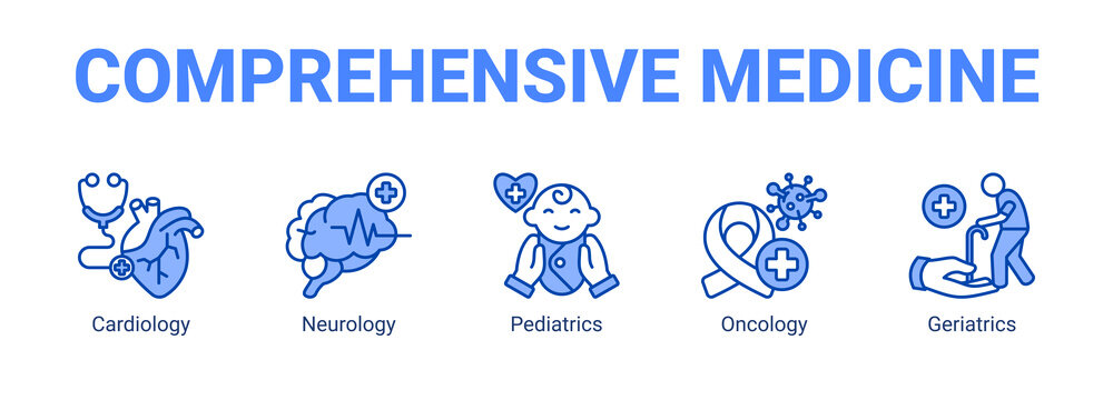 Comprehensive Medicine web banner icon concept, with Cardiology, Neurology, Pediatrics.