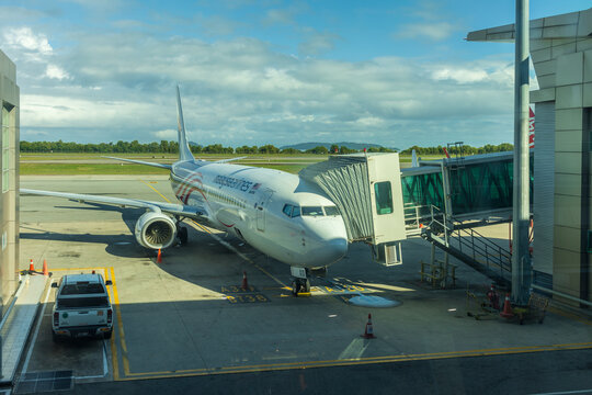 Commercial aircraft of Malaysia Airlines are ready to take off at Kota Kinabalu International Airport, Sabah, Malaysia