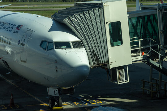 Commercial aircraft of Malaysia Airlines are ready to take off at Kota Kinabalu International Airport, Sabah, Malaysia
