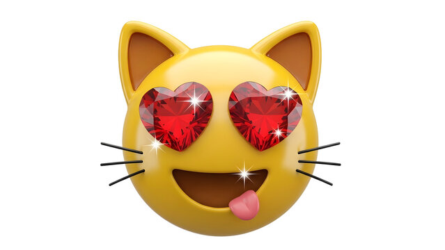 Yellow cat face emoji with heart shaped sunglasses on transparent background