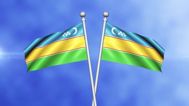 Karakalpakstan Crossed Flags Waving in Blue Sky Loop Animation