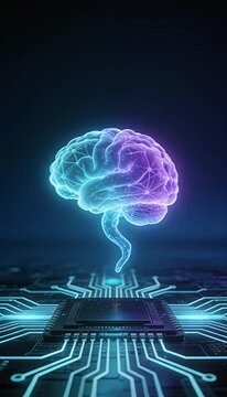 Artificial intelligence technology brain hologram microchip circuit processor glowing neural network rising above motherboard for futuristic data computing, innovation, research, analysis concept