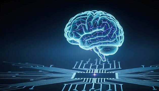 Artificial intelligence technology brain circuit board network neuron data for machine learning, glowing hologram over microchip pathway, digital cortex powering future computing science innovation