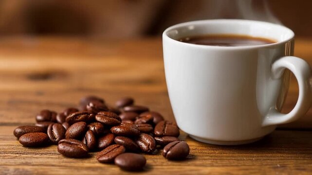 Coffee Cup with Coffee Beans on Wooden Table.