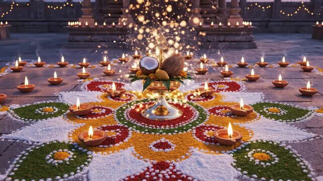 Vibrant gudi padwa rangoli display, illuminated by warm diyas and a sparkling central ugadi offering in a temple courtyard.