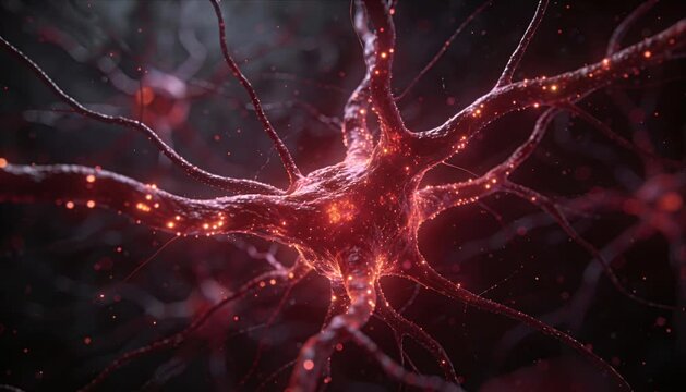 Artificial intelligence technology neuron synapse neural network glowing brain cell signal in dark space, futuristic data connection, digital signal flow, neuroscience inspired machine learning