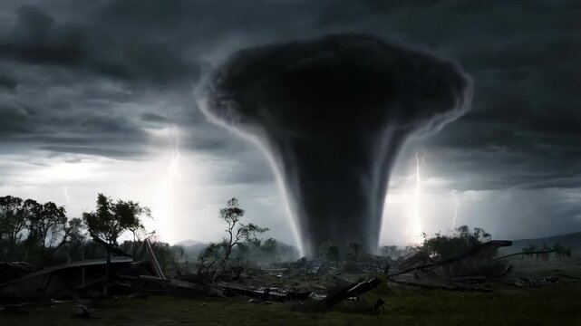 Tornado forming in dark stormy sky over rural landscape. Intense funnel cloud intensifies with lightning strikes. Slow motion natural disaster weather sequence