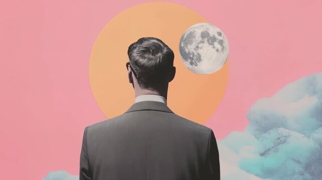 Man in suit stands viewing sun and moon on horizon. Surreal celestial alignment with cloudy sky. Contemplative back view in slow dreamlike sequence for artistic reflection