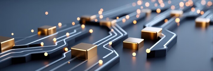 Naklejka na ściany i meble 3D close-up of a circuit board with gold rectangular components and illuminated data particles flowing along metallic traces, evoking digital connectivity and high-tech design.