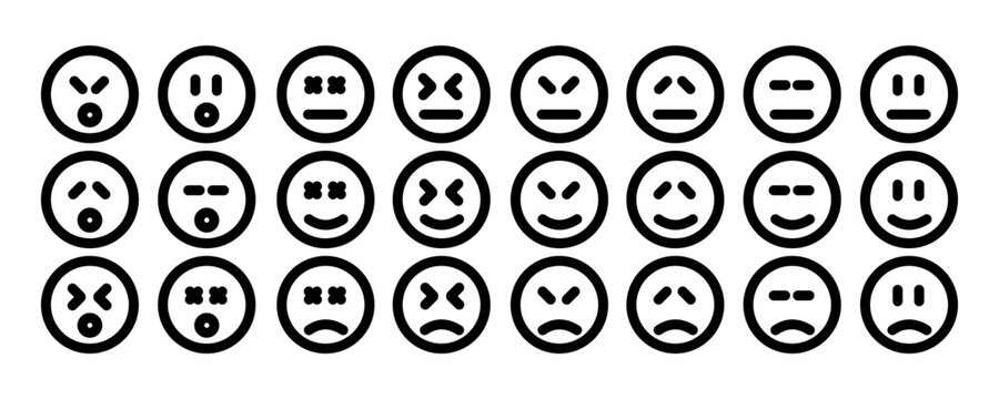 Collection of simple emoticon face icons showing various emotions and facial expressions. Ideal for user interface design, mental health concepts, mood tracking, and digital communication visuals.